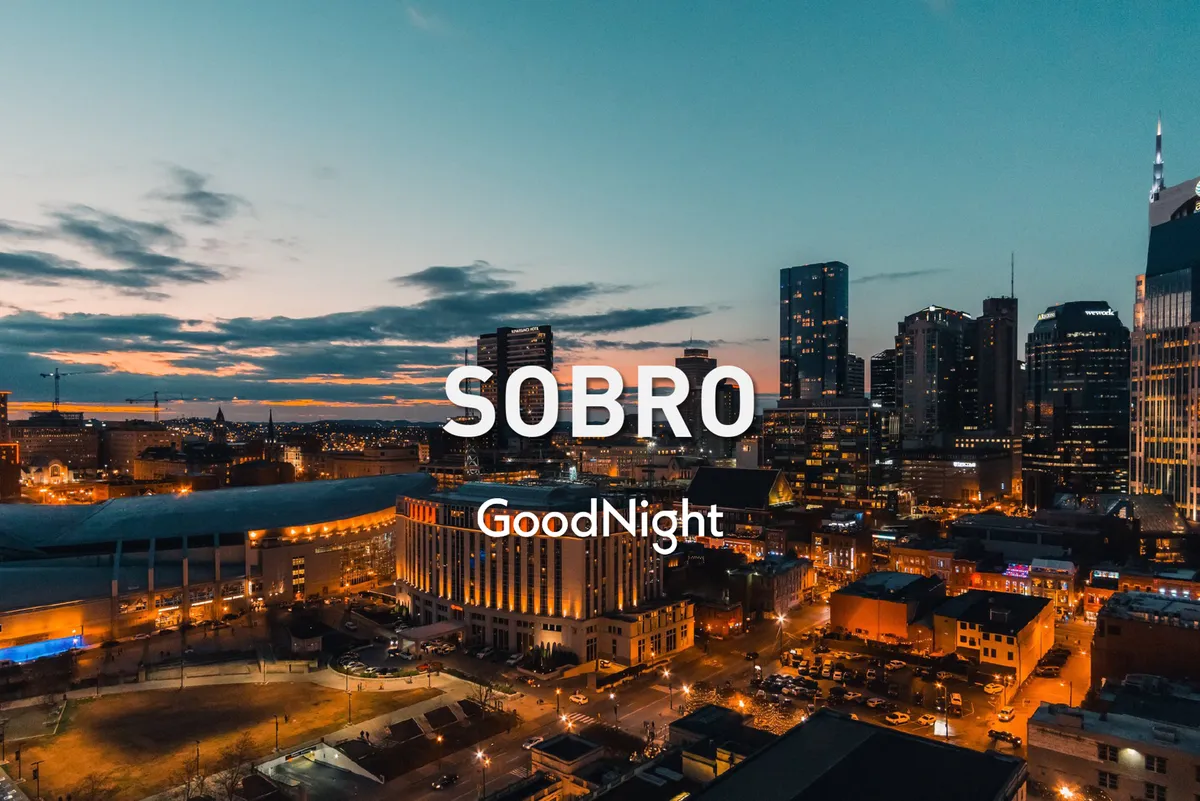 A panoramic view of the city skyline during sunset, with glowing street lights and buildings illuminated against a vibrant sky. The scene captures the lively energy and urban landscape of Nashville, inviting the viewer to imagine evenings spent soaking in skyline views.